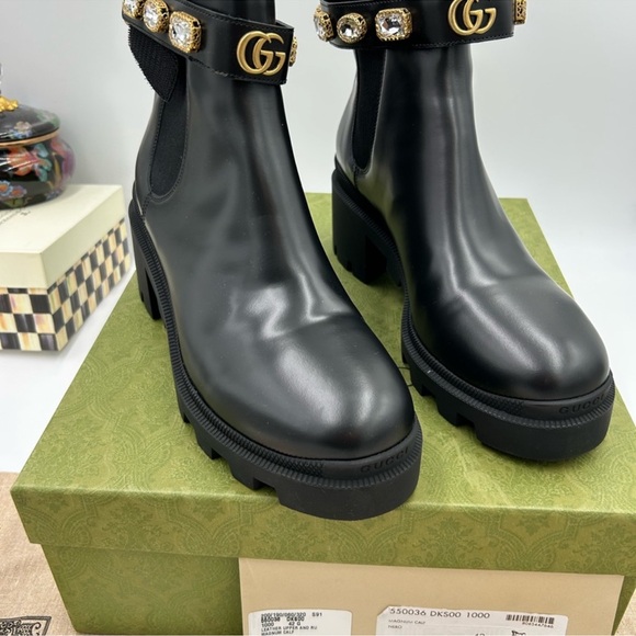 Women’s Gucci, black heel trip embellished Chelsea boots size 42 made in Italy - Picture 3 of 11